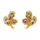 18K Gold, Ruby, Sapphire & Emerald Cabochon Earrings