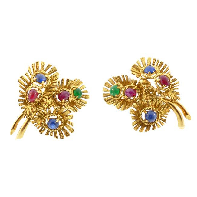 18K Gold, Ruby, Sapphire &amp; Emerald Cabochon Earrings