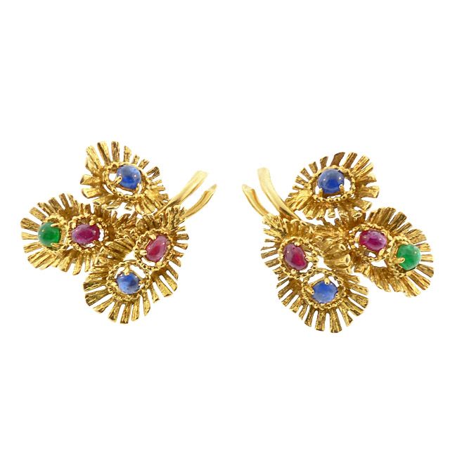 18K Gold, Ruby, Sapphire &amp; Emerald Cabochon Earrings