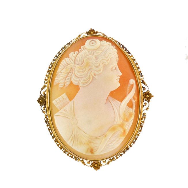 Victorian Etruscan 12K Gold Diana / Artemis Shell Cameo Pendant &amp; Pin