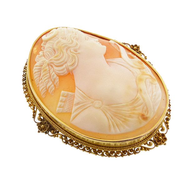 Victorian Etruscan 12K Gold Diana / Artemis Shell Cameo Pendant &amp; Pin