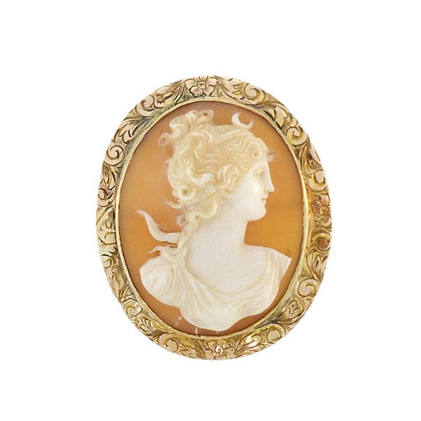 Victorian 10K Gold Diana / Artemis Shell Cameo Pendant & Brooch