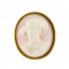 Victorian 18K Gold & Angel Skin Coral Male Portrait Cameo Pin