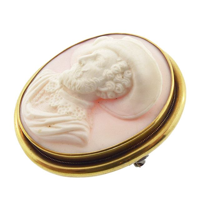 Victorian 18K Gold &amp; Angel Skin Coral Male Portrait Cameo Pin