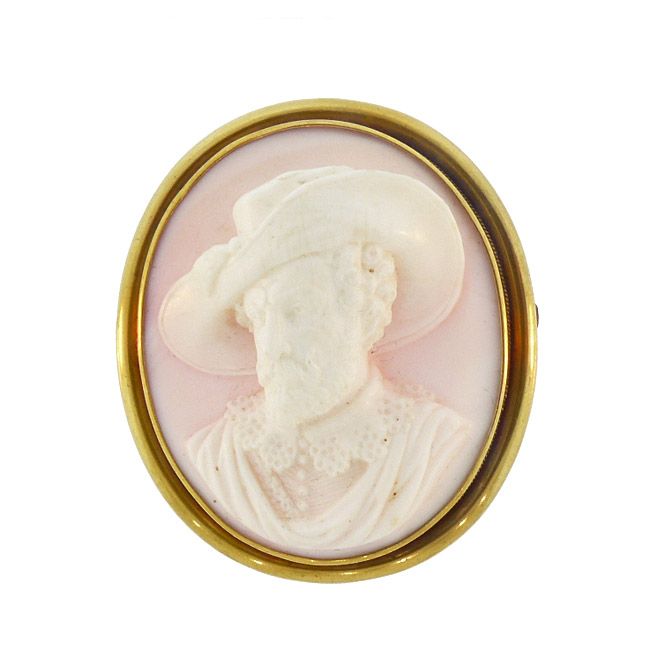 Victorian 18K Gold &amp; Angel Skin Coral Male Portrait Cameo Pin