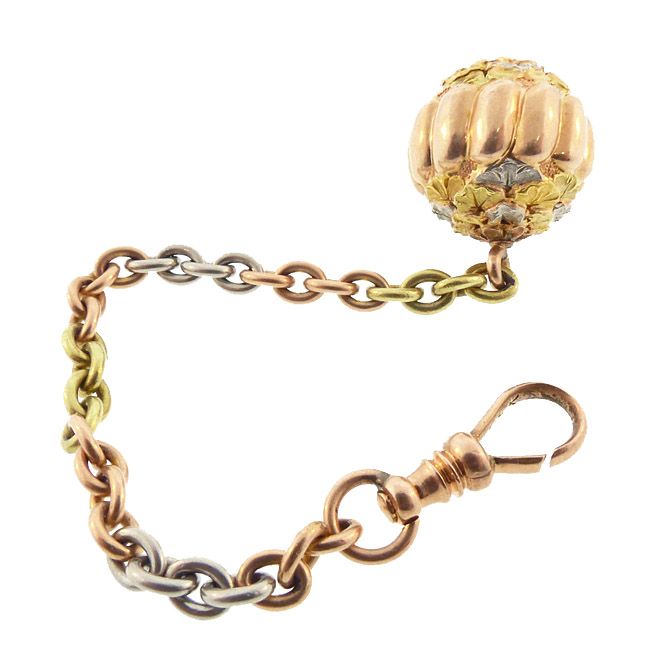 Victorian 14K Colored Gold &amp; Platinum Watch Fob &amp; Chain