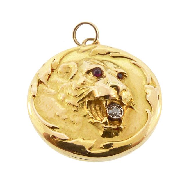 Art Nouveau 14K Gold Diamond &amp; Ruby Lion Locket