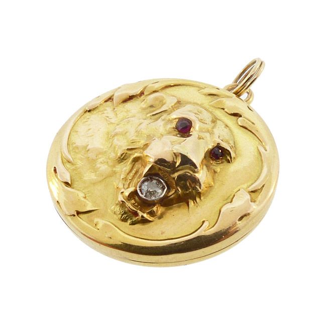 Art Nouveau 14K Gold Diamond &amp; Ruby Lion Locket