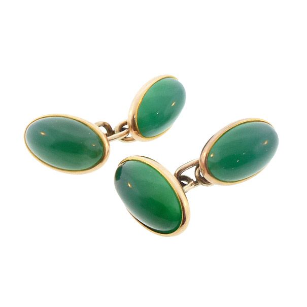 Art Deco 14K Gold & Green Chalcedony Double-Sided Cufflinks