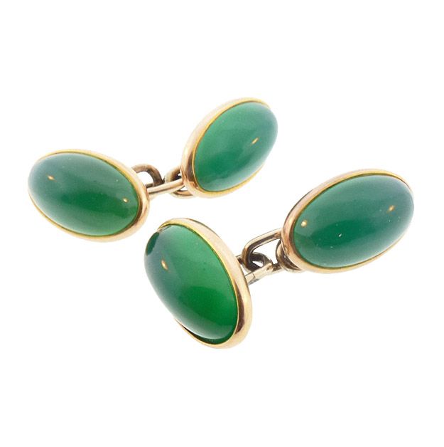 Art Deco 14K Gold &amp; Green Chalcedony Double-Sided Cufflinks
