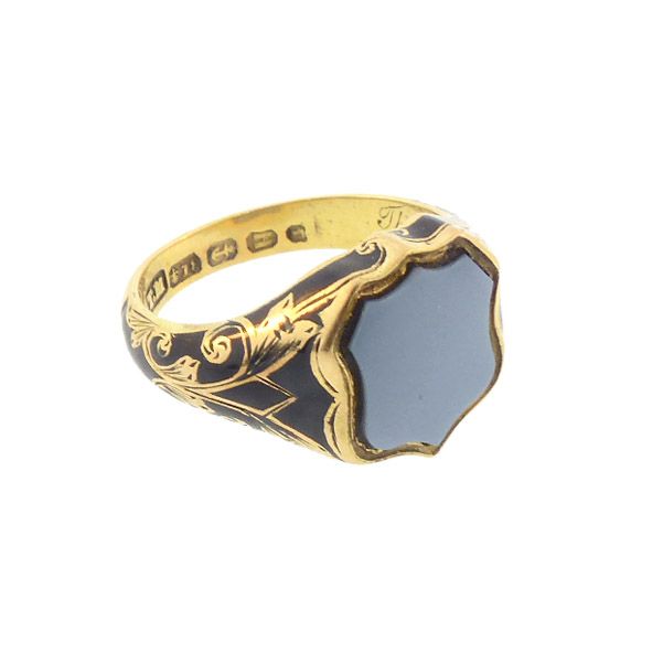 Victorian English 18K Gold Enamel Hair Mourning Ring