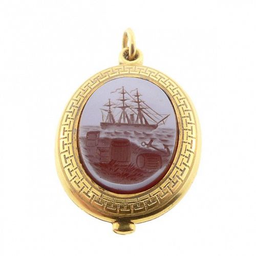 Victorian 18K Gold & Sardonyx Intaglio Ship Locket