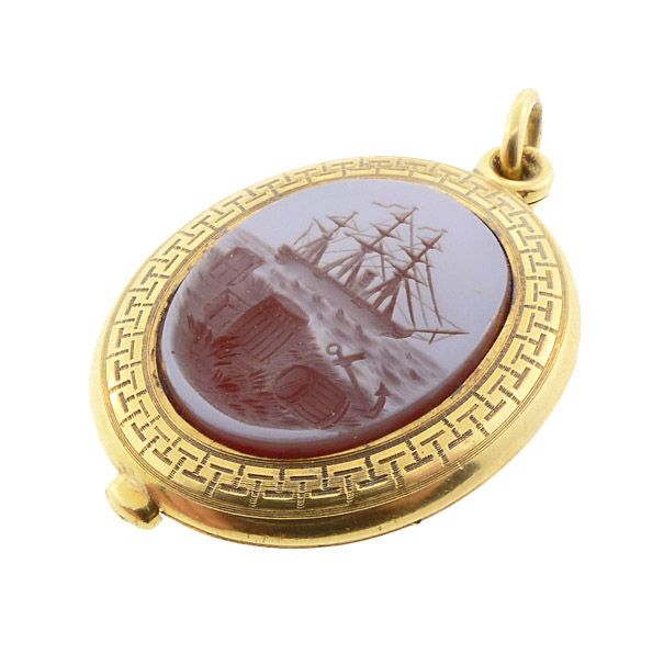 Victorian 18K Gold &amp; Sardonyx Intaglio Ship Locket