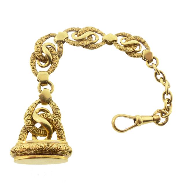 Victorian 18K Chased Gold Watch Fob &amp; Watch Chain