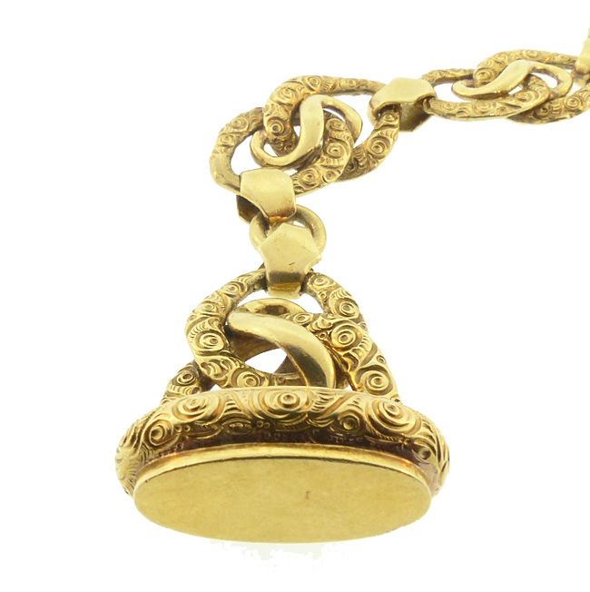 Victorian 18K Chased Gold Watch Fob &amp; Watch Chain