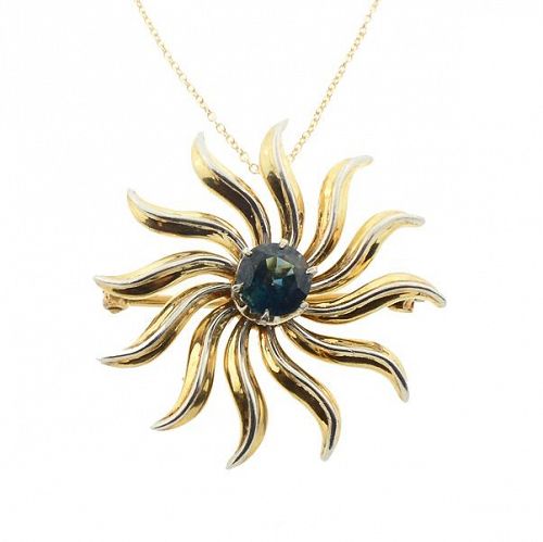 14K Gold Blue Sapphire Sunburst Pendant & Pin