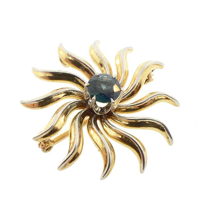 14K Gold Blue Sapphire Sunburst Pendant &amp; Pin