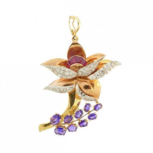 Retro 18K Gold Diamond, Amethyst, Ruby Floral Pendant