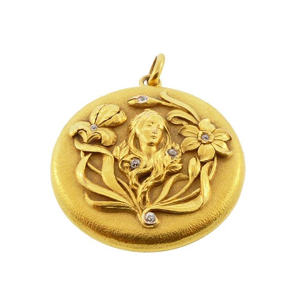 Art Nouveau 14K Gold & Diamond Flower Lady Locket by Carter Gough