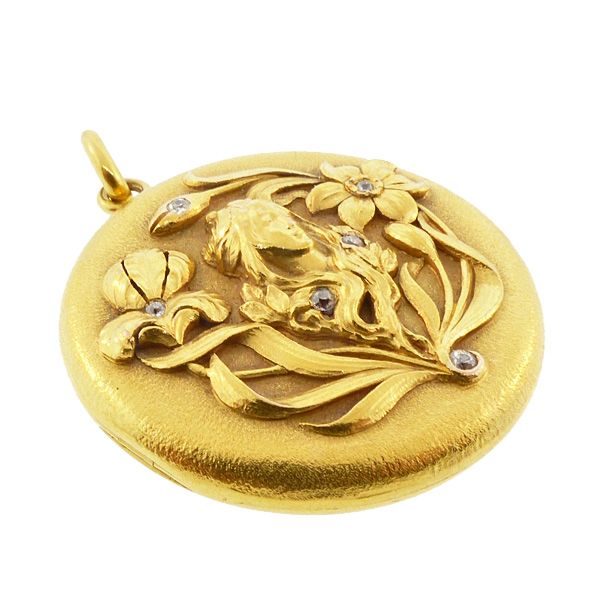 Art Nouveau 14K Gold &amp; Diamond Flower Lady Locket by Carter Gough