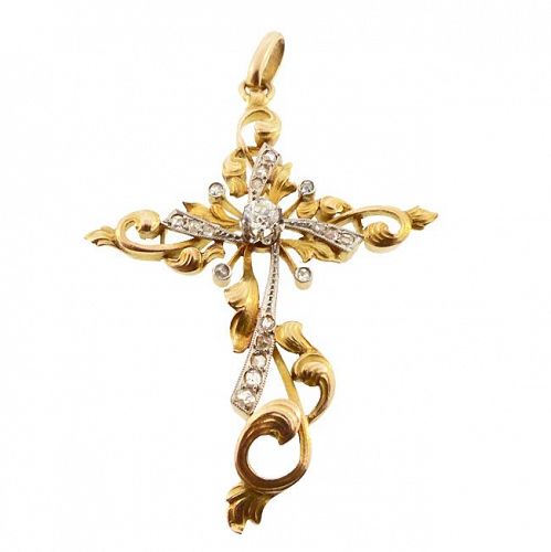 Art Nouveau 18K Gold, Platinum & Diamond Cross Pendant