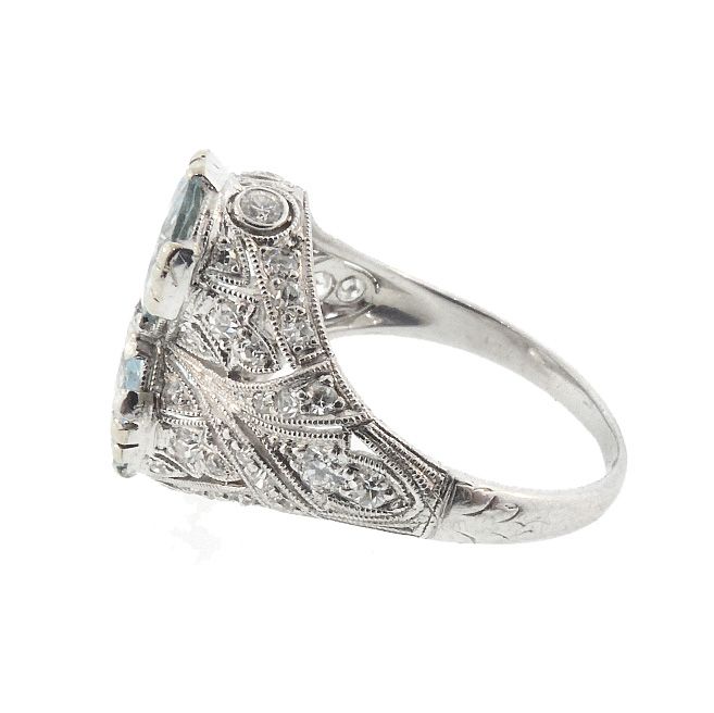 Art Deco Platinum Diamond &amp; Aquamarine Ring