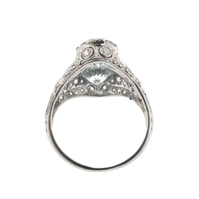 Art Deco Platinum Diamond &amp; Aquamarine Ring