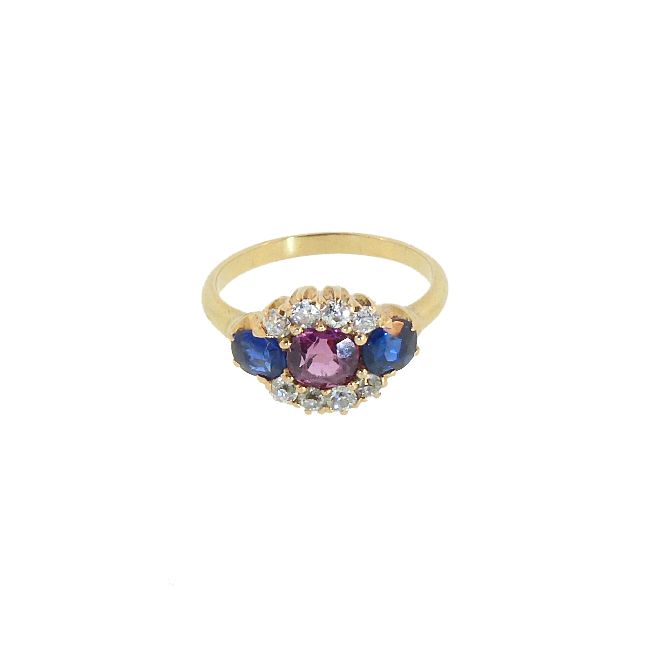 Victorian 14K Gold, Diamond, Red &amp; Blue Spinel Ring