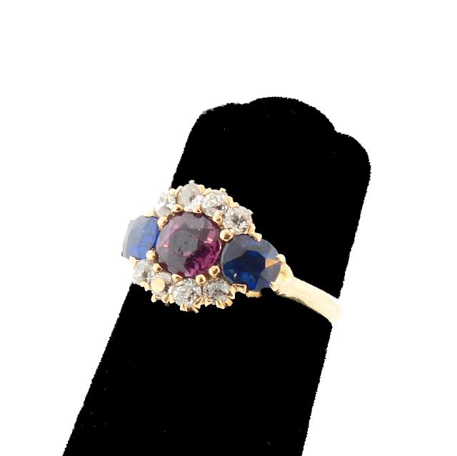 Victorian 14K Gold, Diamond, Red &amp; Blue Spinel Ring