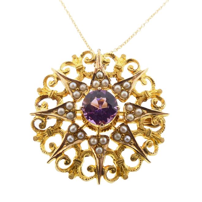 Victorian Gold, Amethyst &amp; Seed Pearl Starburst Pendant / Pin