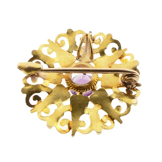 Victorian Gold, Amethyst &amp; Seed Pearl Starburst Pendant / Pin
