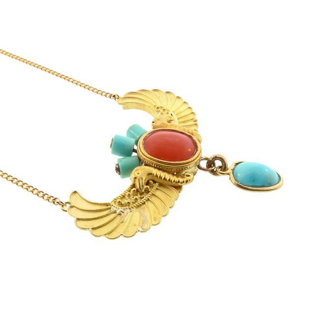 Deco Egyptian Revival 20K Gold, Coral Turquoise Horus Wings Necklace