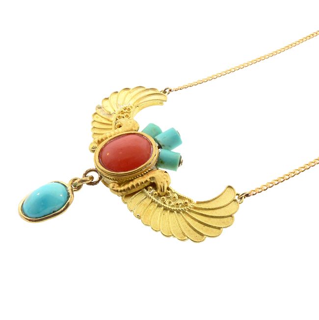 Deco Egyptian Revival 20K Gold, Coral Turquoise Horus Wings Necklace