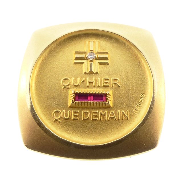 A. Augis French 18K Gold Diamond Ruby PLUS QU’HIER Love Token Pendant