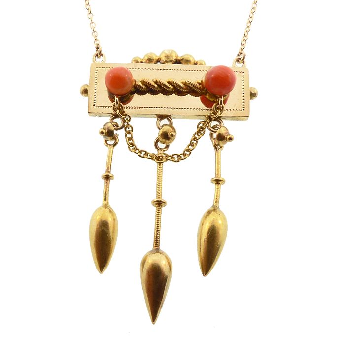 Victorian Etruscan Revival 14K Gold &amp; Coral Pendant Necklace