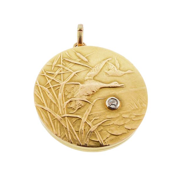 Huguenin Freres 18K Gold & Diamond Duck Hunting Art Nouveau Locket