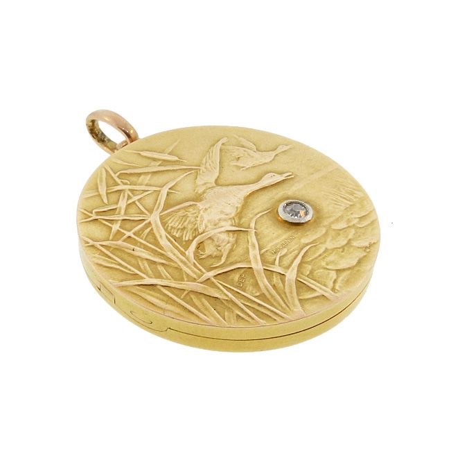Huguenin Freres 18K Gold &amp; Diamond Duck Hunting Art Nouveau Locket