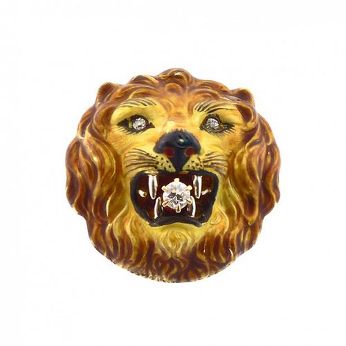 Art Nouveau Diamond & Enamel Lion Watch Pin