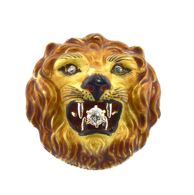 Art Nouveau Diamond &amp; Enamel Lion Watch Pin