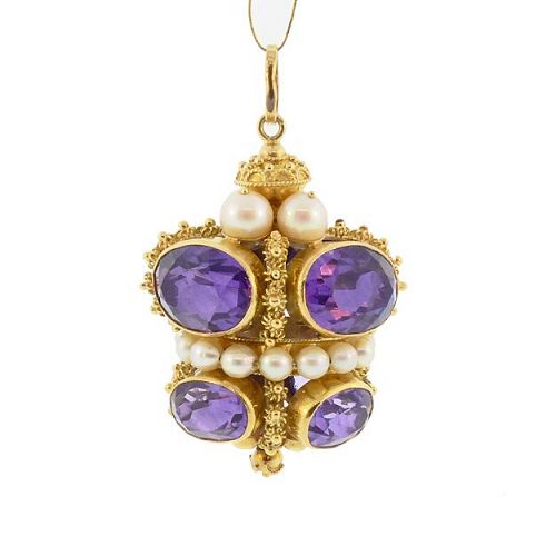 Venetian Etruscan Revival 18K Gold Amethyst & Pearl Fob Charm Pendant