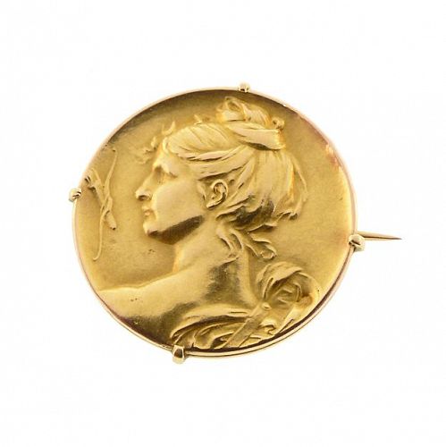 Art Nouveau 18K Gold Goddess Diana Brooch by  Epinay de Briort