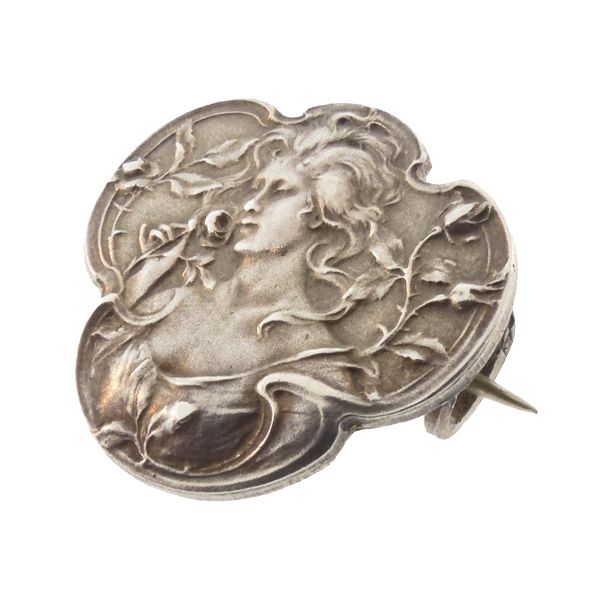 French Art Nouveau Maiden &amp; Roses Silver Brooch by Fernand Boursot