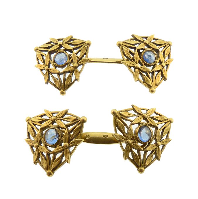 French Art Nouveau 18K Gold &amp; Sapphire Cufflinks
