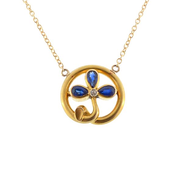 Art Nouveau 18K Gold Sapphire &amp; Diamond Trefoil Pendant Necklace
