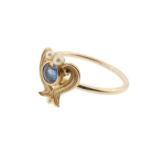 14K Gold Sapphire &amp; Pearl Art Nouveau Conversion Ring