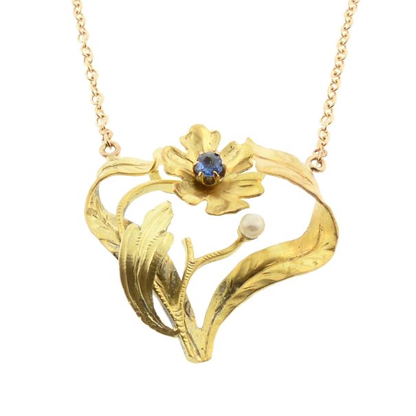 Art Nouveau Sapphire &amp; 14K Colored Gold Floral Pendant Necklace