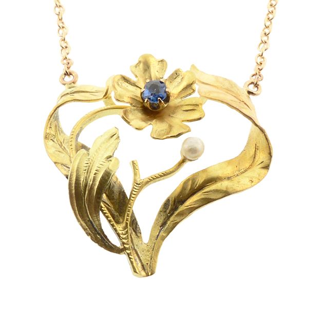 Art Nouveau Sapphire &amp; 14K Colored Gold Floral Pendant Necklace