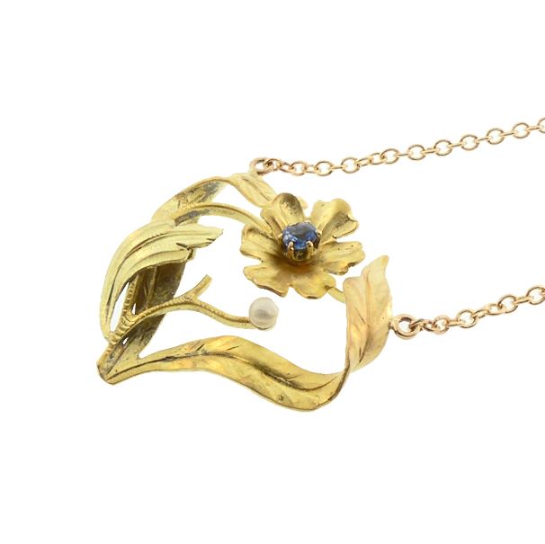 Art Nouveau Sapphire &amp; 14K Colored Gold Floral Pendant Necklace
