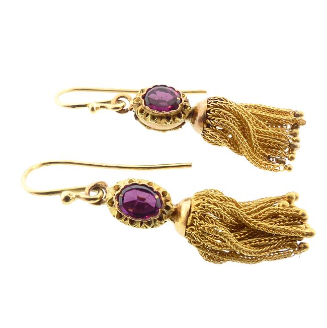 Victorian Rhodolite Garnet &amp; 18K Gold Foxtail Chain Tassel Earrings