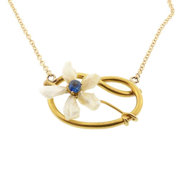 Art Nouveau 14K Sapphire & Mississippi Pearl Pendant Necklace